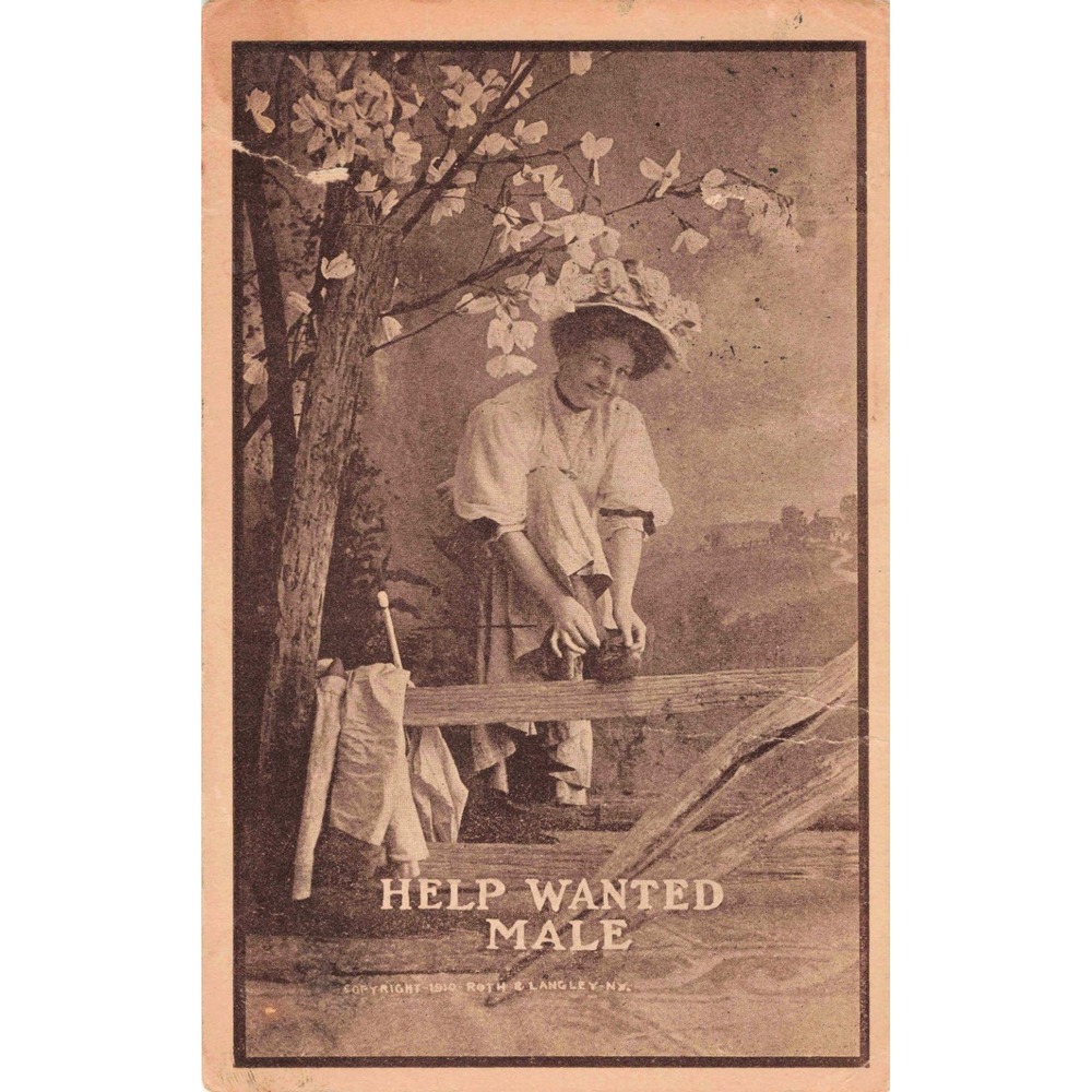 Vintage 1910 Help Wanted Male Postcard Roth & Langley Woman Tying Shoe Humorous - Picture 1 of 2